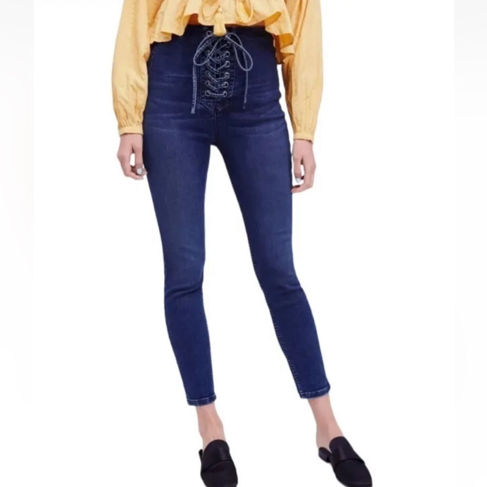 Free People Lace Up Jeans Womens 26 High Rise Stretch Skinny Denim Dark Wash